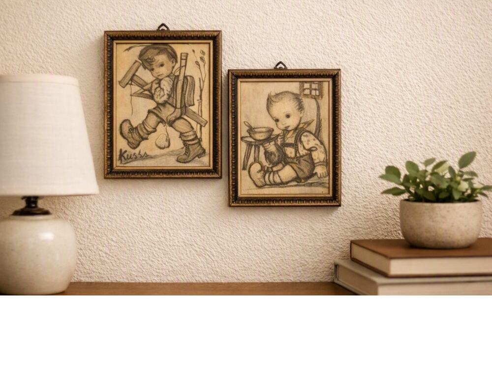 Vintage Hummel Framed Child Sketches 6 × 4.5 in Set of 2 Sepia Pencil Art
